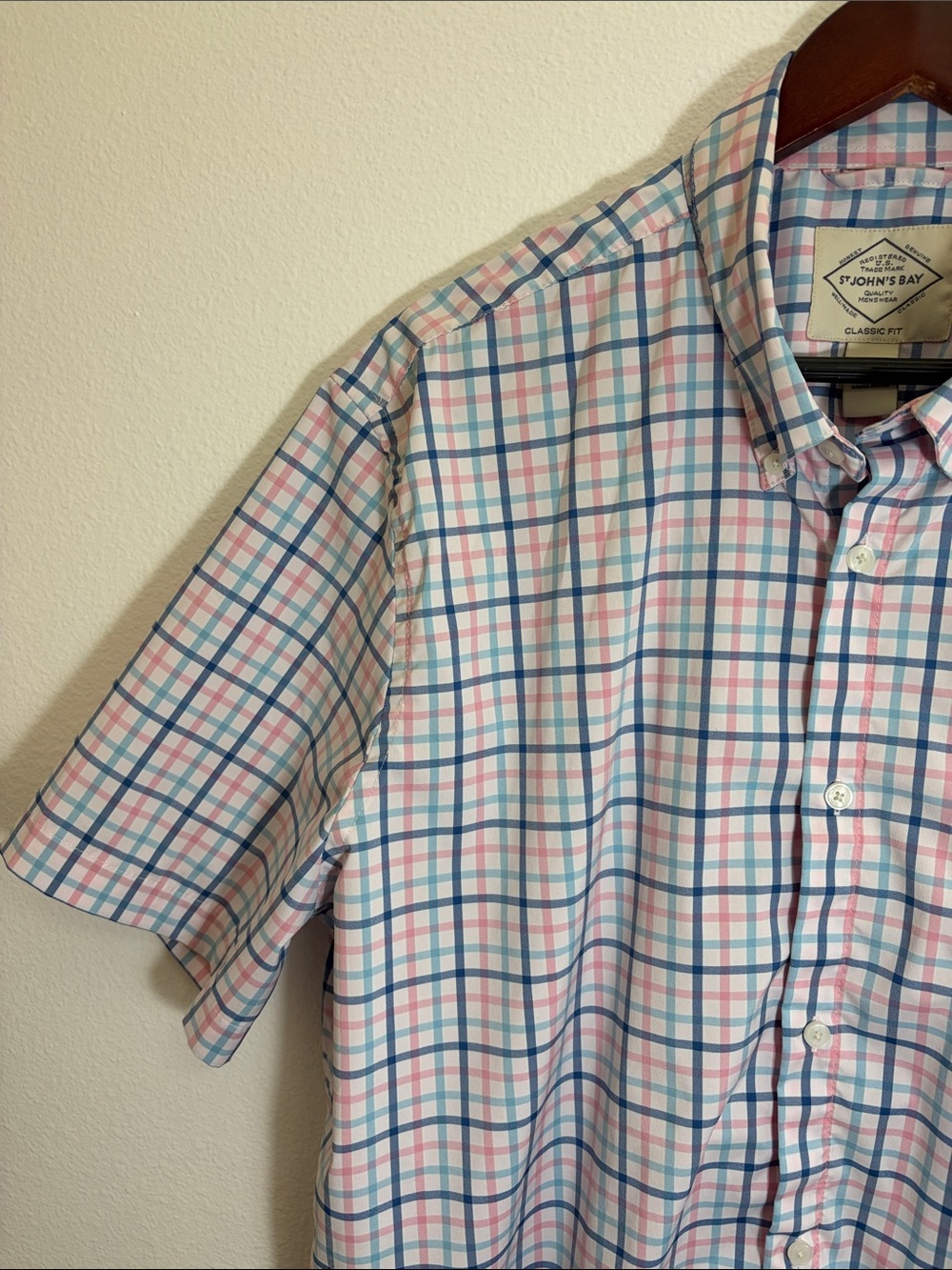 St. John’s Bay Short Sleeve White Pink Blue Plaid Button-Down Shirt - Picture 3 of 7